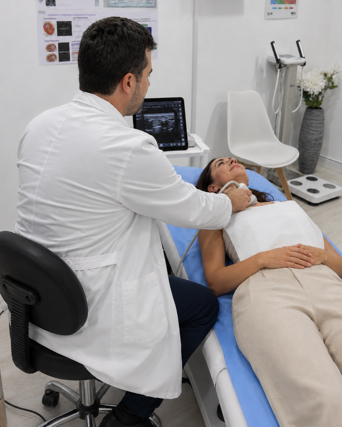 Dr. Juan Caro realizando ecografía tiroidea en Valencia
